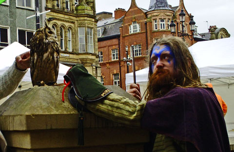 Owl keepers in Wigan town centre, September 2010